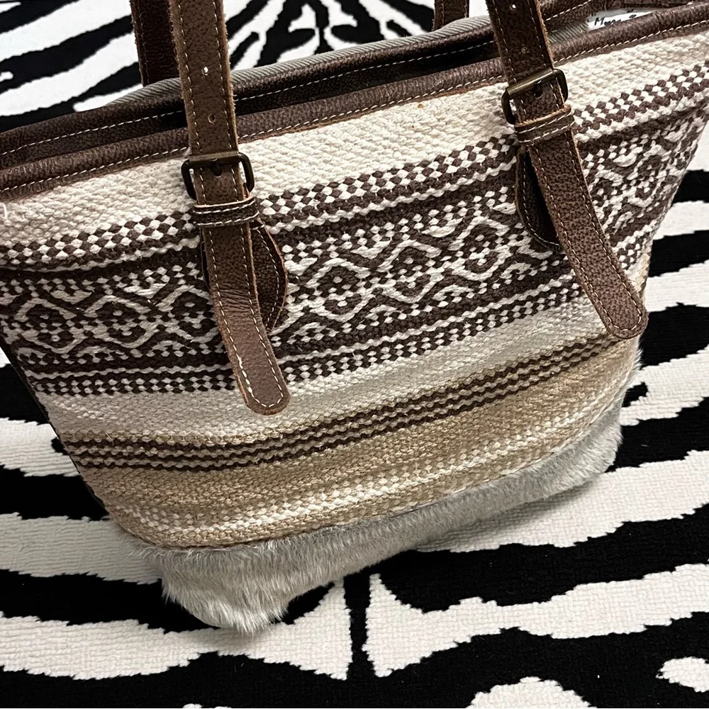 Myra Bag Beige Tribal Patterned Tote Bag Canvas Calf Hair Leather Straps